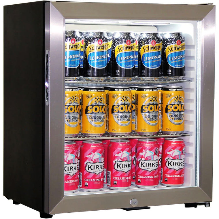 Mini Bar Fridge | Perfect For Accommodation Rooms stainless steel glass door closed and full of drinks