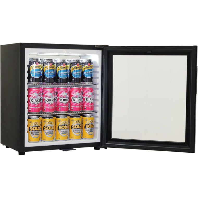 Mini Bar Fridge | Perfect For Accommodation Rooms black door open and full or drinks